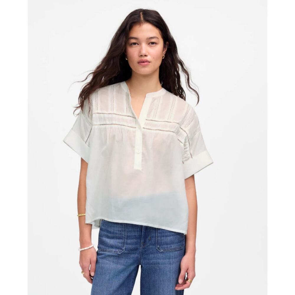 Madewell Lace-Inset Pintucked Henley Top M White Cuffed Short Sleeve Semi Sheer
